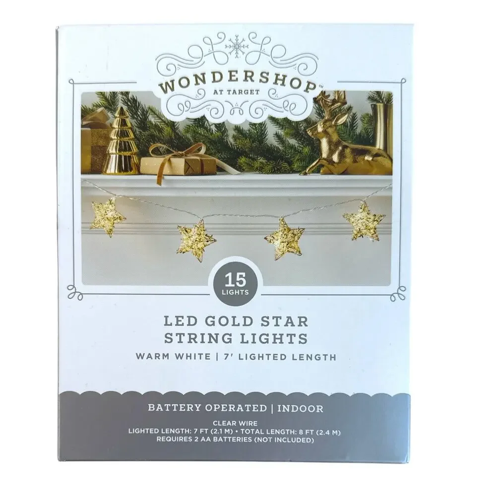 LED Gold Star String Lights 15ct Warm White Battery Operated Indoor NEW